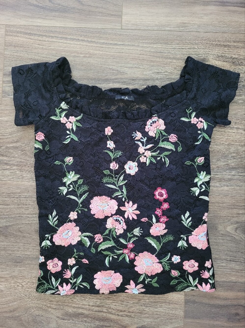 ELA Black Lace Floral Embroidered Short Sleeve Top